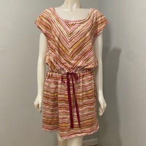 Ann Taylor LOFT Pink Stripe Drawstring Waist Shirt Dress Large L NEW